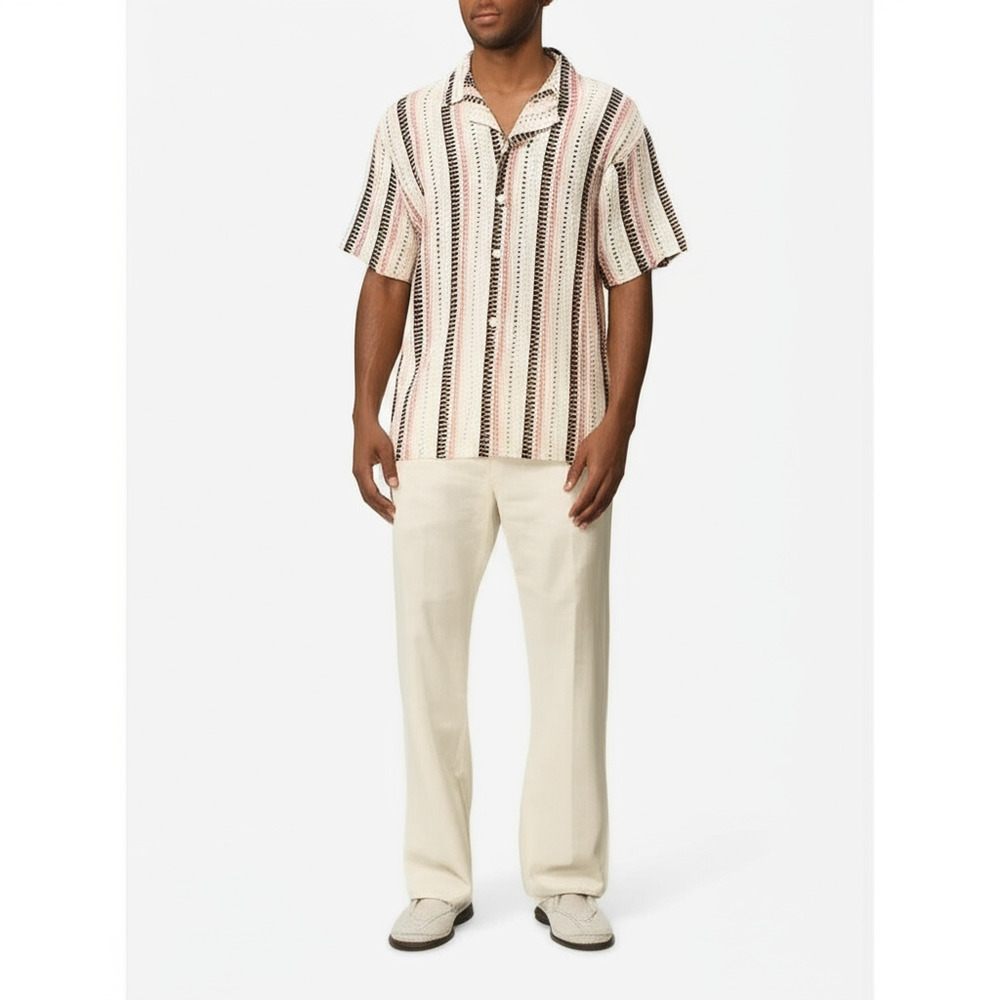 D&F Ricky Singh Mens‎ XL Knit Camp Collar Shirt Cream Stripe Relaxed Fit Retro